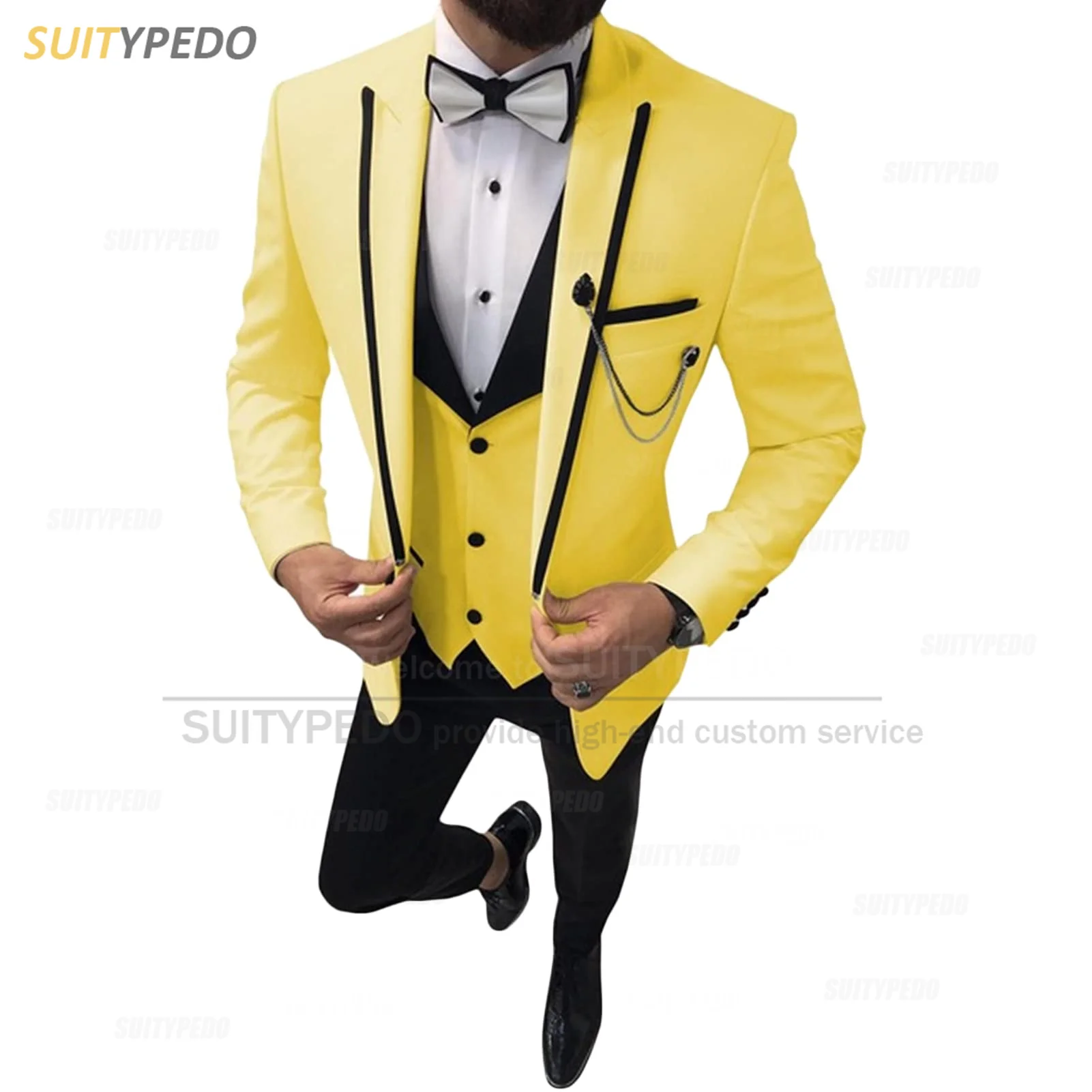 

2023 Yellow Men Suit 3 Pieces New Formal Business Blazer Vest Pants Set Slim Fit Prom Wedding Men Tuxedos Casual Jackets for Men