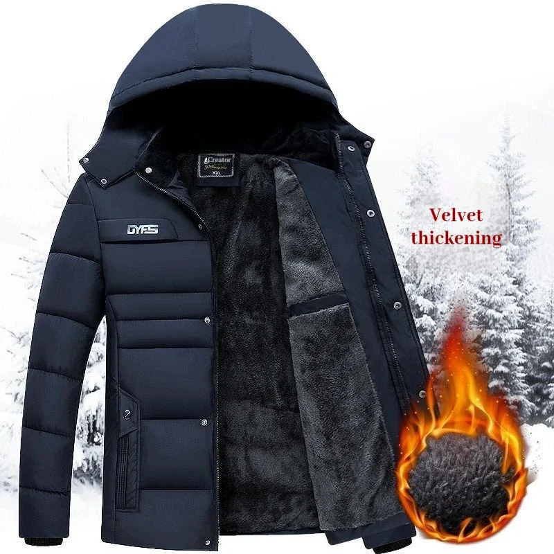 Winter-New-Solid-Color-Plush-Cotton-Jacket-for-Men,-Warm-and-Anti-Cold-Zipper-Hooded-Jacket,-Men's-Casual-Loose-Jacket
