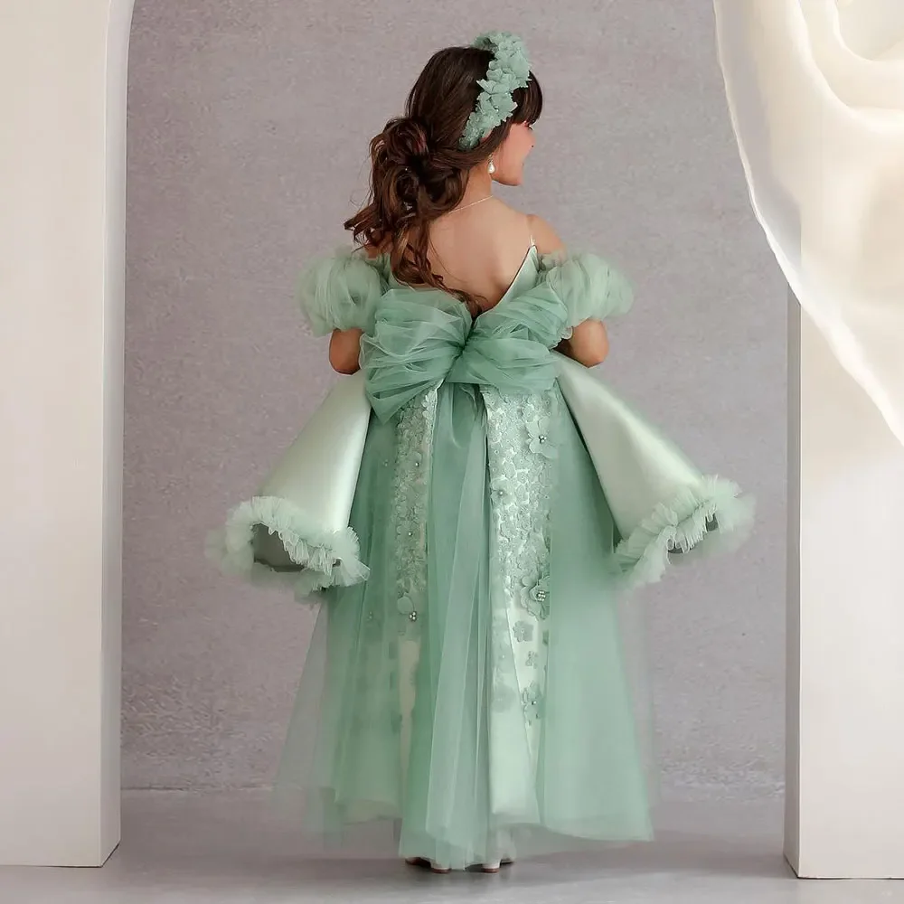 Fashion Sage Green Flowers Girl Dress for Wedding Off the Shoulder High-Low Length Baby Birthday Party First Communion Dress