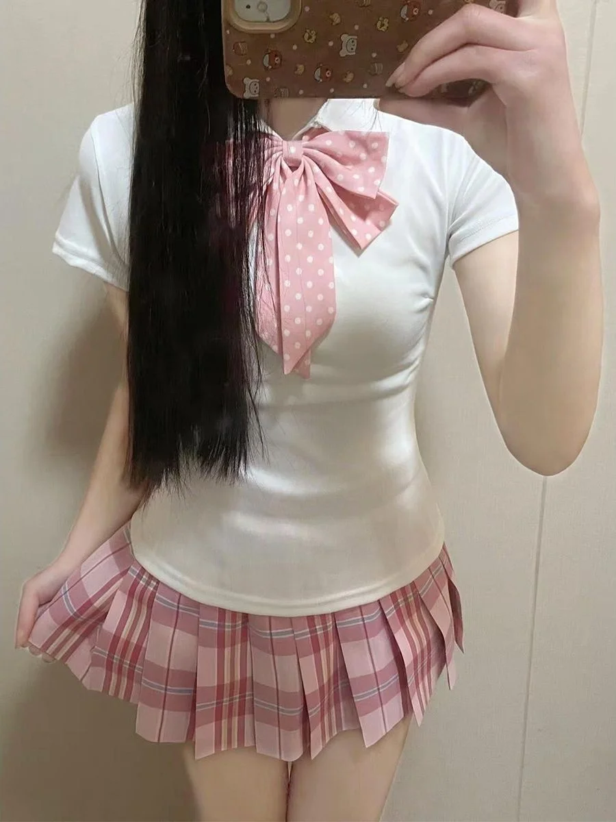 Conjunto de Uniforme Escolar JK Original Candy, Camiseta de Cuello Redondo, Conjunto Casual de Manga Corta para Mujer, Corte Ajustado, con Falda, Conjunto de Cuatro Piezas