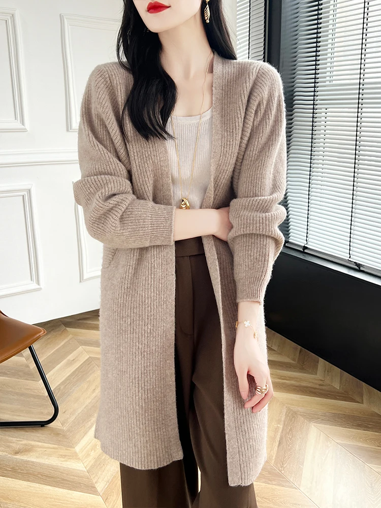 New Fashion Women Long Cashmere Sweater 100% Merino Wool Knitwear Autumn Winter Cardigan Female Grace Soft Knitting Coat Top