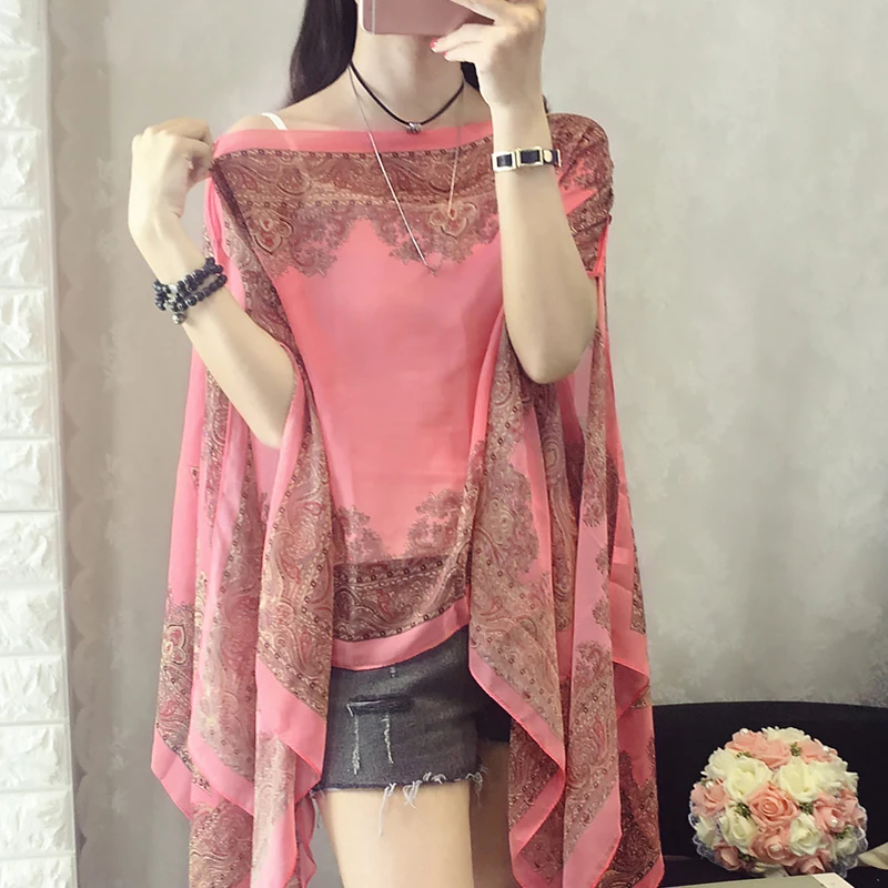 Women Sun Protection Shawl Chiffon Muffler Scarf Fashion Printed Summer Outdoor Beach Sunscreen Shawl Soft Loose Bikini Cover Up