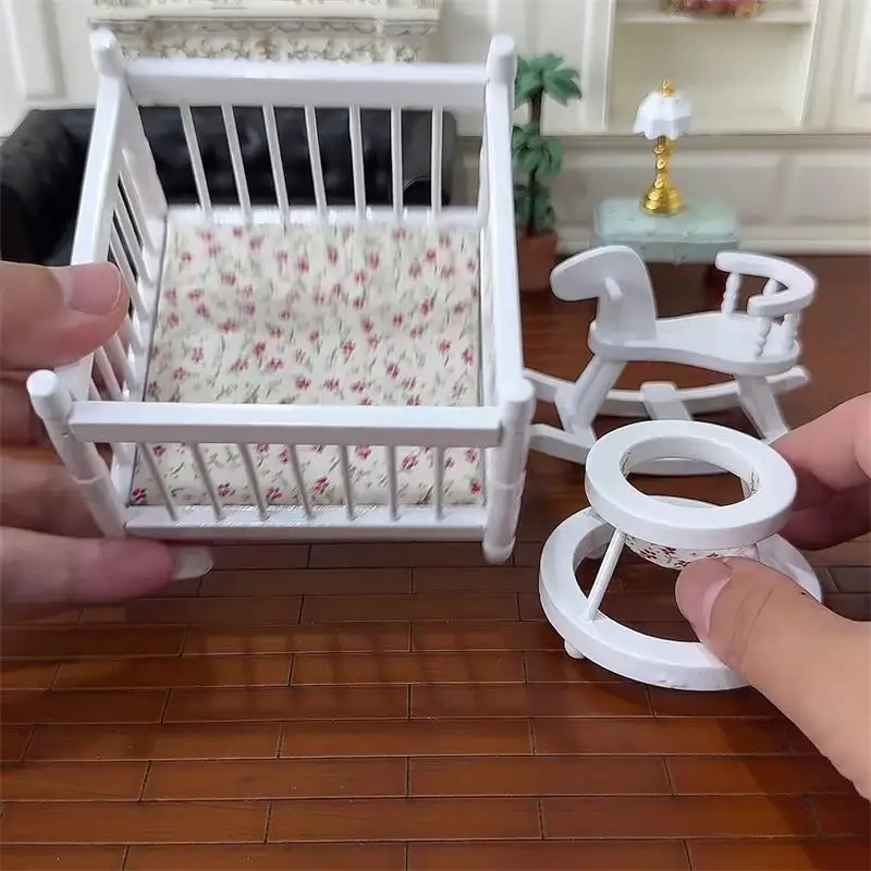 1:12 Dollhouse Miniatures Playpen Children Bed Trojan Horse Baby Walker 3-piece Set Model Doll House Decor Pretend Play Toys DIY
