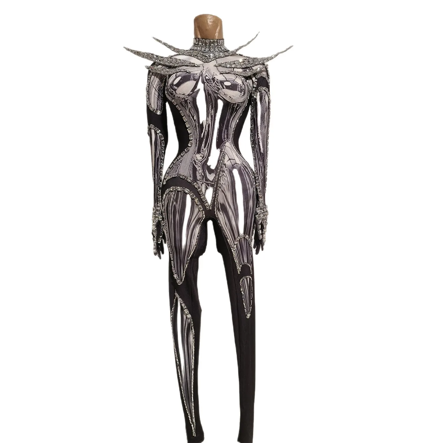 Halloween Party Cosplay Costume Silver Metallic Printed Rhinestone Trim Catsuit Women  Stage Performance Singer Dance Jumpsuit