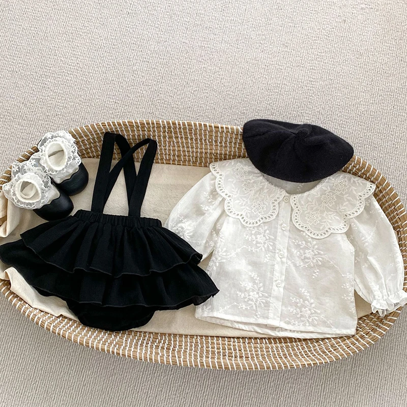 2024 New Spring Korean Style Infant Baby Girls Clothing Set Long Sleeved Cotton Shirt+Jumpsuit Newborn Baby Girls Clothes Suit