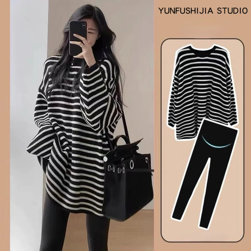 

Korean Style Plus Size Maternity Clothing Set Black White Striped Sweater+belly Leggings Twinset Loose Casual Pregnant Sweater