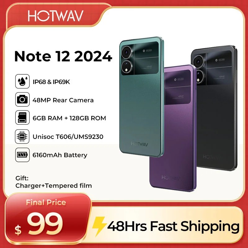 New HOTWAV Note 12 2024 Smartphone Android 14.0+5160MAH Cellphones 6+128GB 48MP+16MP+0.08MP Camera 6.8