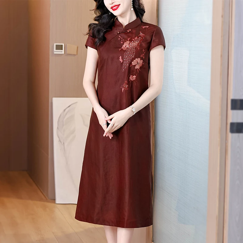 2025 여름 중국풍 실크 자카드 미디 선드레스 여성 보헤미안 패션 캐주얼 자수 드레스 우아한 럭셔리 페스티벌 베스티도