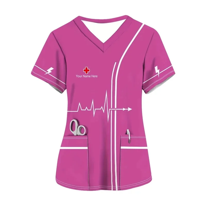 Female Medical Staff V-Short-Sleeved Surgical Gown Top Comfortable and Breathable Double-Pocket Clinical Workwear Nurse Uniform