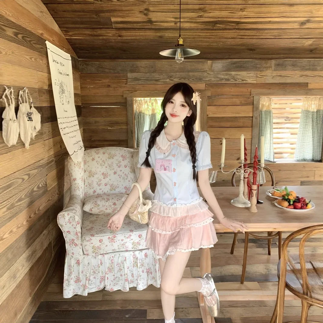 بالإضافة إلى حجم الحلو نمط Preppy الأزرق والوردي الاصطدام قميص أعلى بالإضافة إلى حجم المرأة الصيف الزي مجموعة مع كعكة تنورة قطعتين... #2