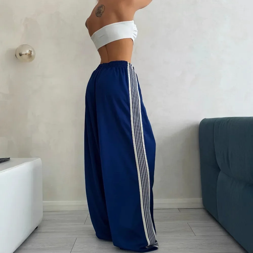 

PopWomen's Sporty Straight Leg Wide Leg Pants Side Stripe Drapey Loose Elastic High Waist Casual Slimming Floor-Length Trousers