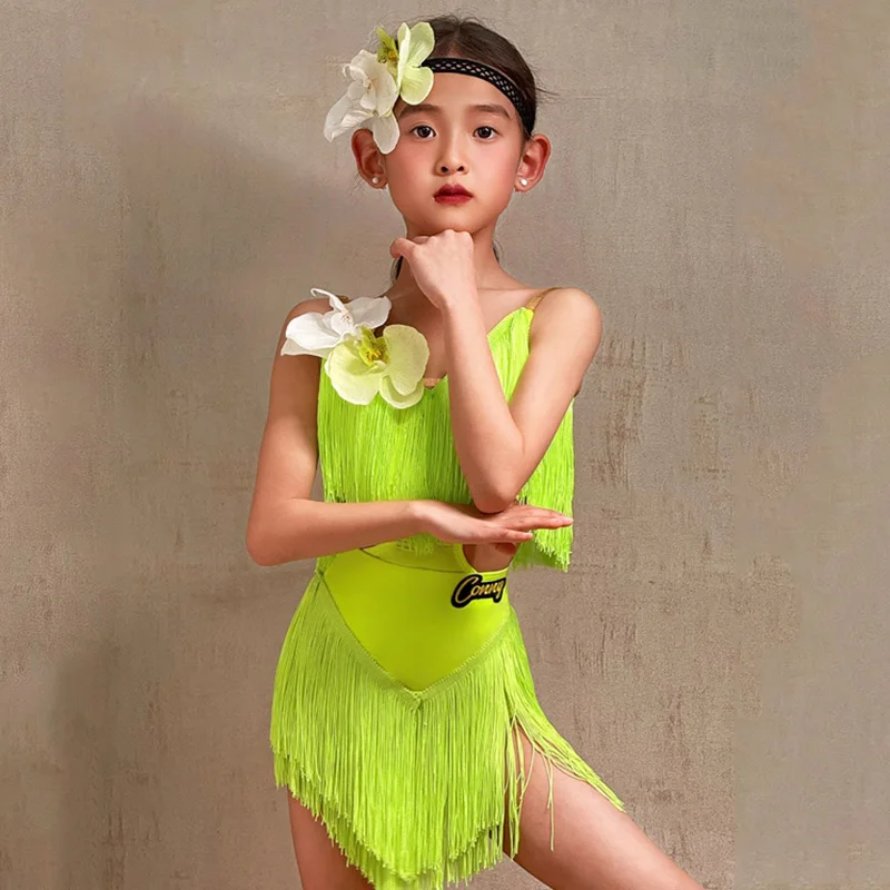 

Latin Dance Clothes Fluorescent Yellow Fringe Dress Latin Competition Dress For Girl Samba Clothes Cha Cha Rumba Stage Wear 1597