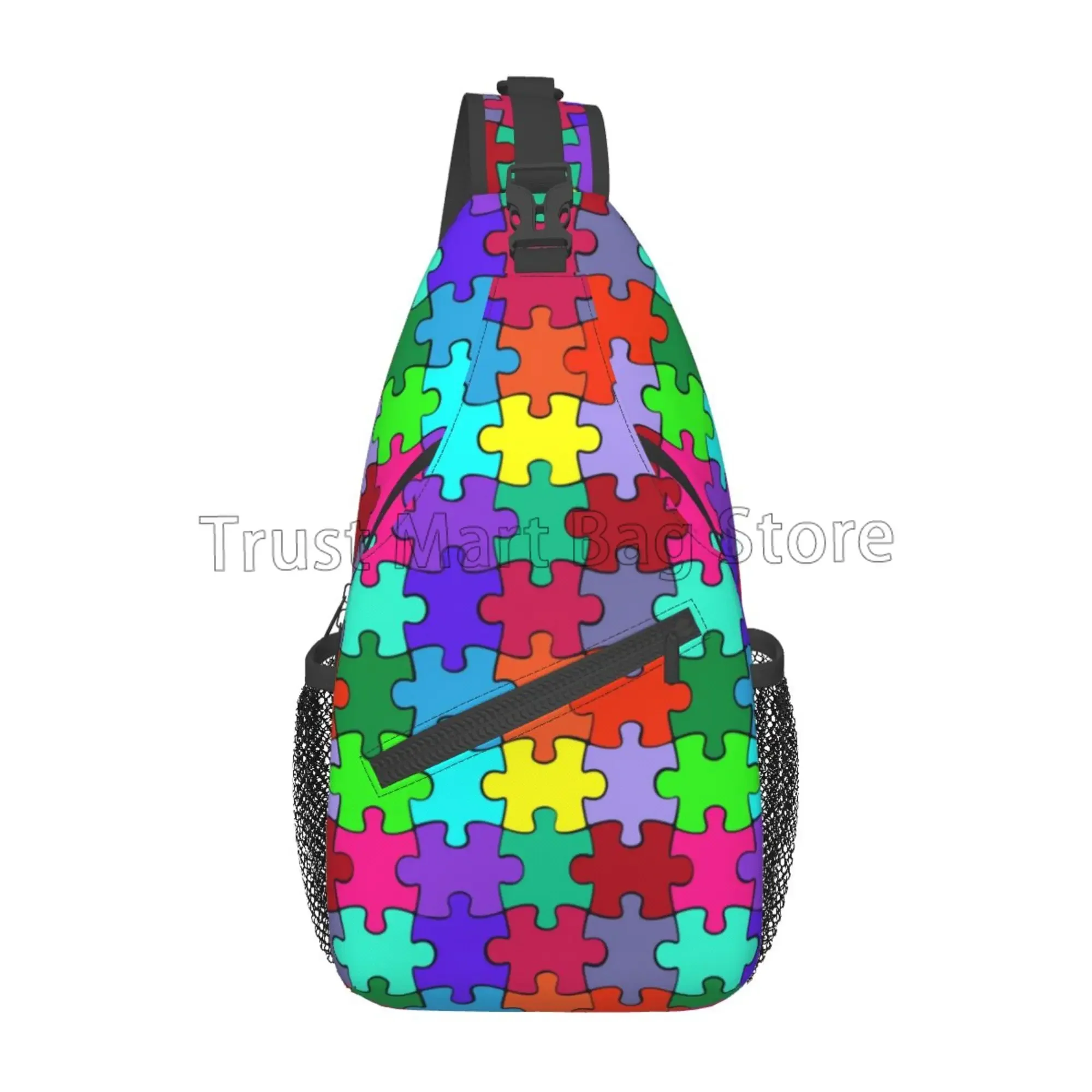 Autism Awareness Colorful Puzzle Piece Print Sling Backpack Crossbody Bag Travel Hiking Daypack Unisex Casual Chest Shoulder Bag