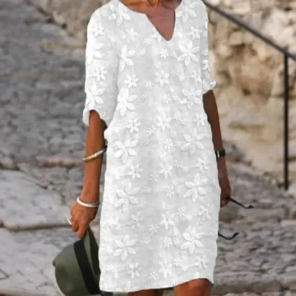 New 3D Digital Print V Neck Floral Dress Women Retro Art Style Pullover Swing Dress