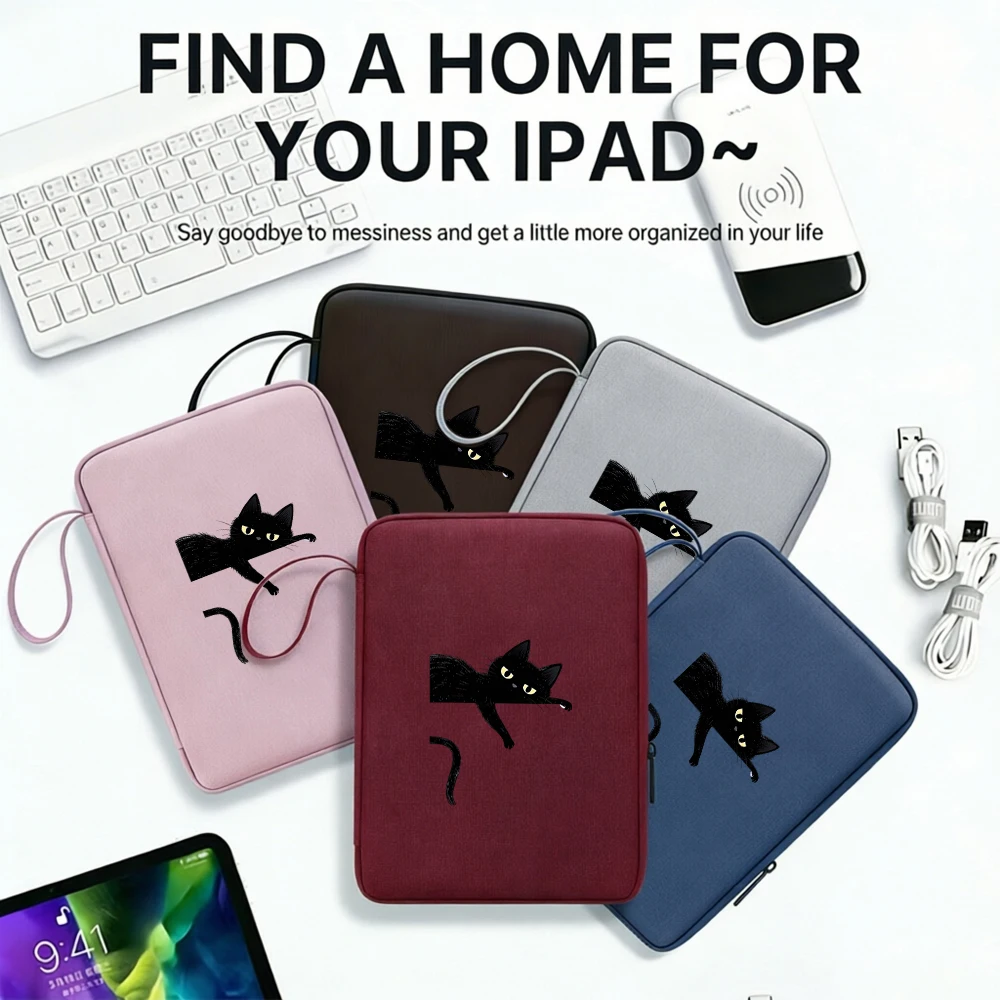 1PC Peeking Black Cat Print Tablet Sleeve, Water‑Resistant Multi‑Compartment Tablet Carrying Bag, Simple Business Style, Fit 10.