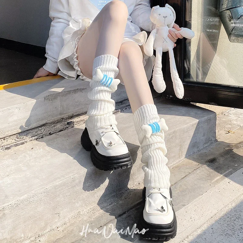 Women Candy-colored Bone Knitted Leg Warmers Lolita Cute Warm Foot Cover Cosplay All-Match JK Mid-calf Slouchy Thick Leg Warmers