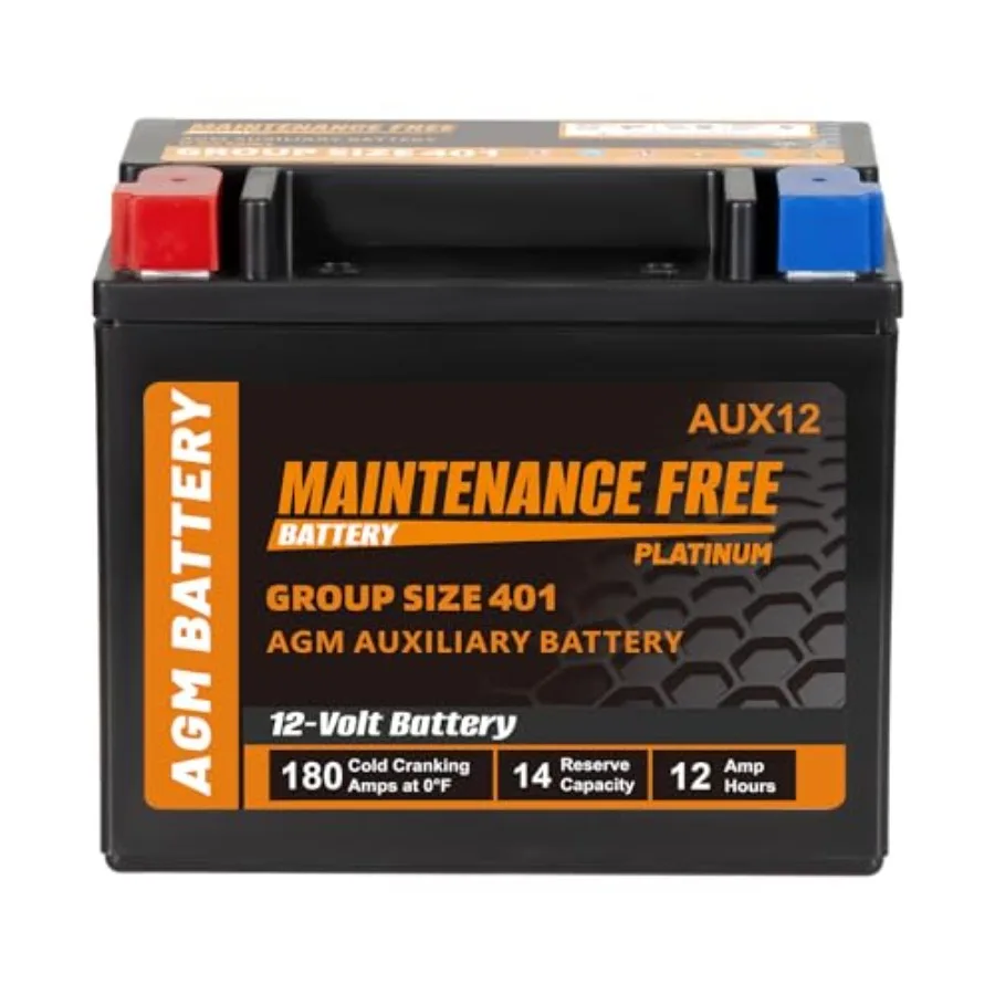 

AUX12 Auxiliary Battery BCI Group 401 AGM Battery 12V 12Ah 180CCA 14RC Maintenance Free Black 36 Months Warranty for Vehicle El