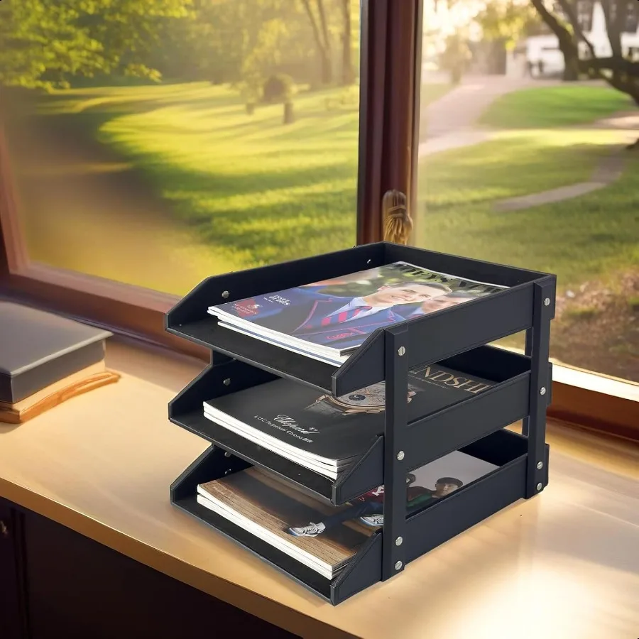 Uniosic 3-слойный лоток для бумаги для документов, лоток для писем из искусственной кожи, настольный сортировщик файлов, черный лоток-органайзер