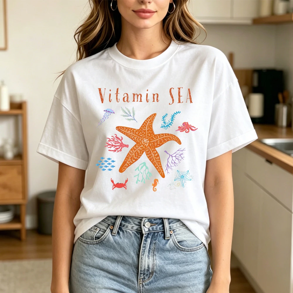Coastal Vitamin SEA Creature Tee Boho Coastal Aesthetic Clothing Women Summer Casual Crewneck Cotton Short Sleeve Tropical Tops