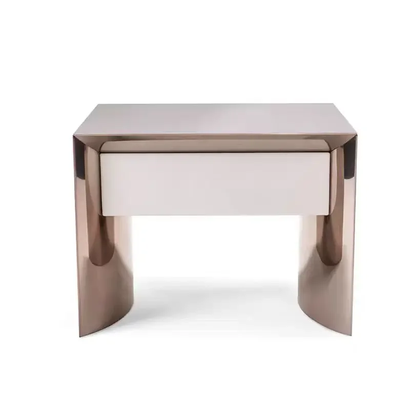 

Bedroom Stainless Steel Bedside Table Light Luxury Square Bedside Table with Drawer