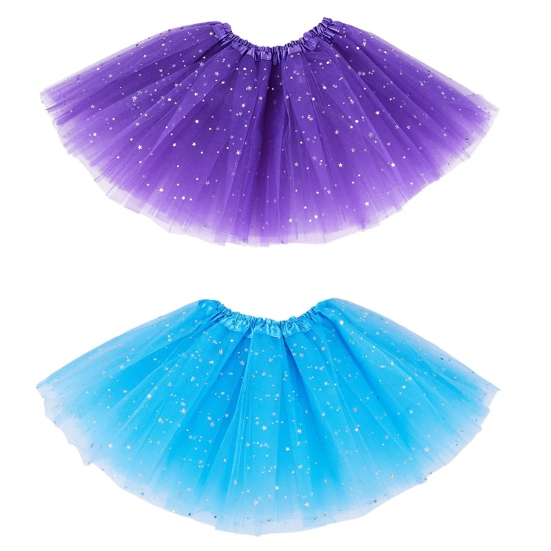 2X Vestiti intelligenti per bambina Stelle Paillettes Sottoveste Gonna tutu per danza classica Viola e azzurro