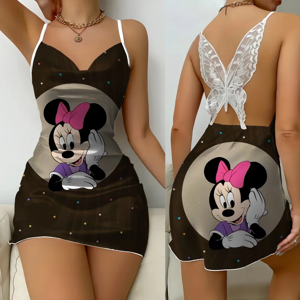 

2024 new popular Minnie cartoon pattern comfortable pajama sexy charming back butterfly cutout design women's sleeping dress