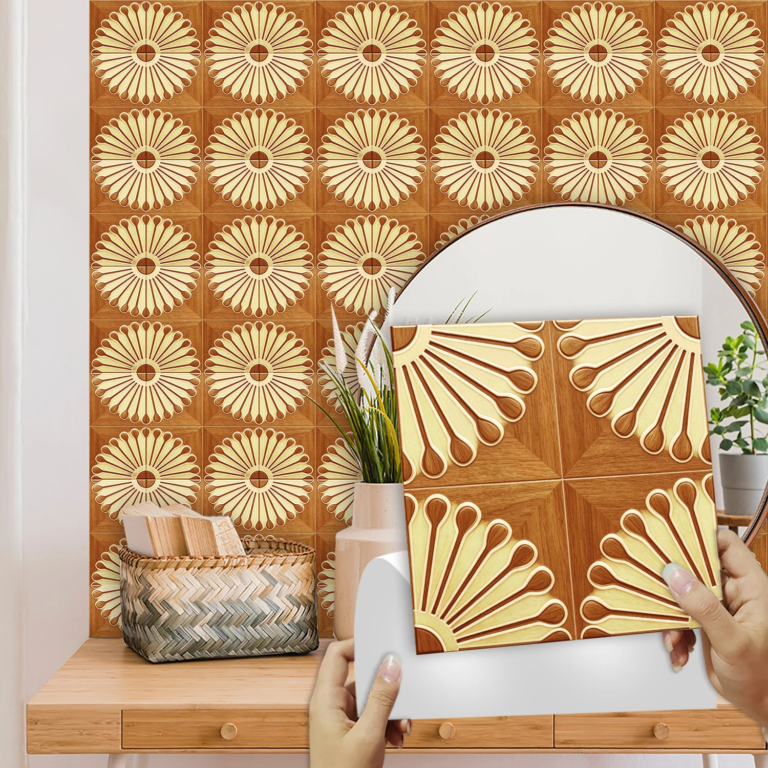 10pcs Deep Warm Brown Wood American Retro Styles Tiles Wall Sticker Kitchen Backsplash Oil-proof Peel & Stick Art Wall Decals