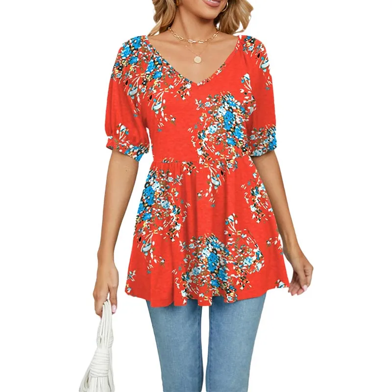 

2023 New Women Fashion T-shirt V-neck Printed Bubble Sleeve Tunic Top Free Shipping