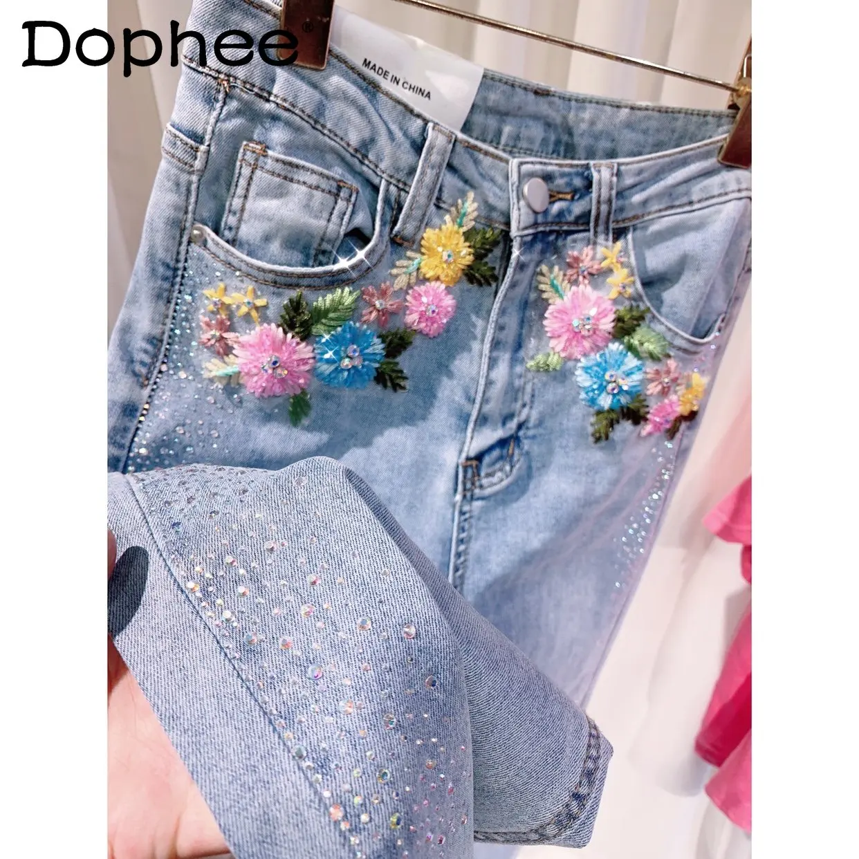 

2023 Spring Summer New Heavy Embroidery Flowers Hot Drilling Straight Denim Pants Women Cotton Soft High Waist Jeans High Street