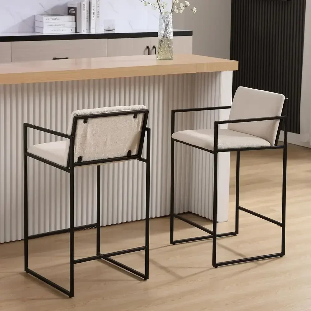 

Set of 2 Cream Linen Upholstered Counter Height Bar Stools with Backs for Kitchen Counter