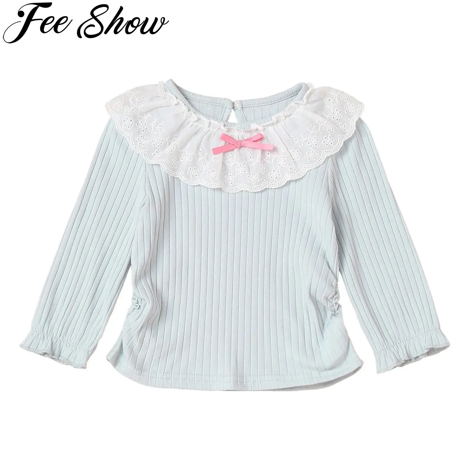 

Baby Girls Blouse Cute Bow Lace Ruffle Collar Ribbed Shirt Top Casual Solid Color Long Sleeve Ruched T-shirt Toddler Clothes