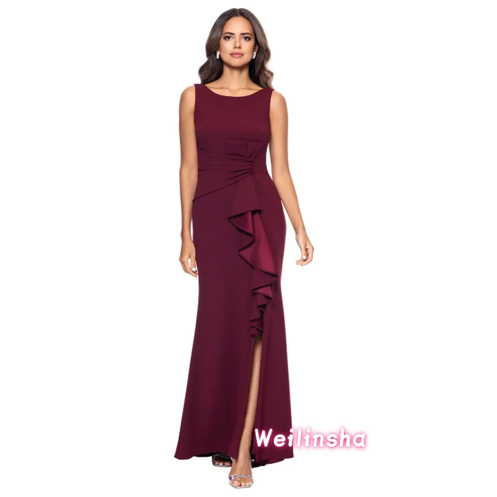 Customized Crew Neck Satin Mother of The Bride Dresses with Slit Ruffles High Waist Mermaid Wedding Guest Dres