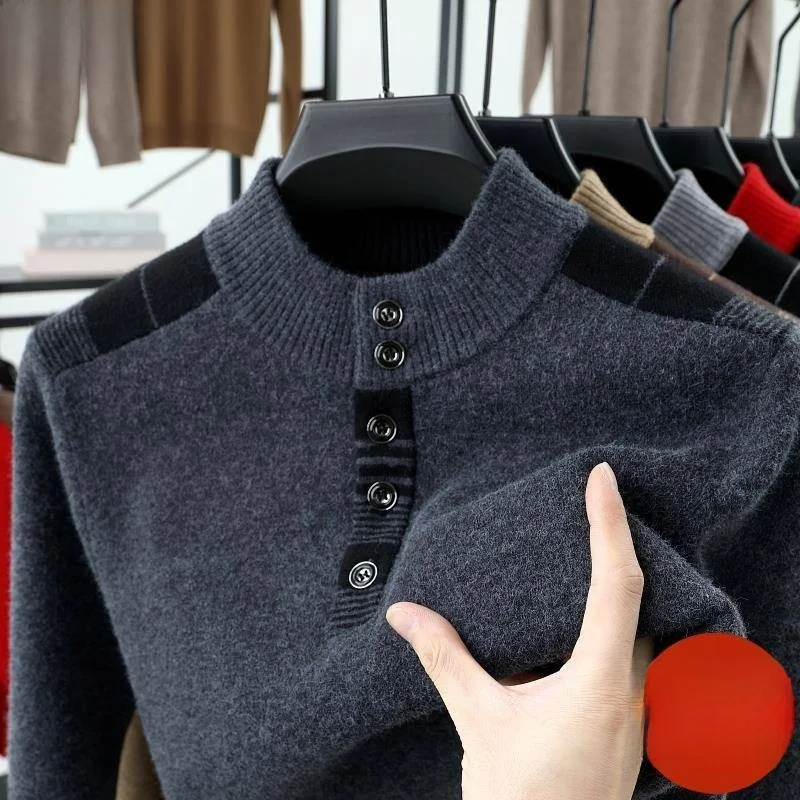 

Мужской утепленный зимний шерстяной свитер с высоким воротником на пуговицах, модный городской повседневный вязаный свитер с длинными рукавами
