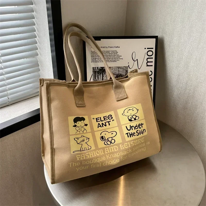 Bolsa de ombro europeia americana, grande capacidade, snoopy, impressa, bolsa de lona, 2023, nova bolsa de ombro fofa para mamãe, sacola de compras 39x30x17cm