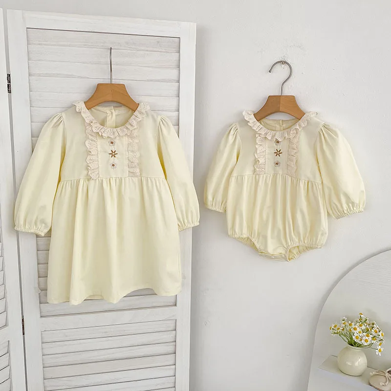 Sister Matching Outfits Baby Girl Lace Trim Romper 0-24M Long Sleeve Princess Dress Jumpsuit Infant Clothes Photo Shoot Newborn