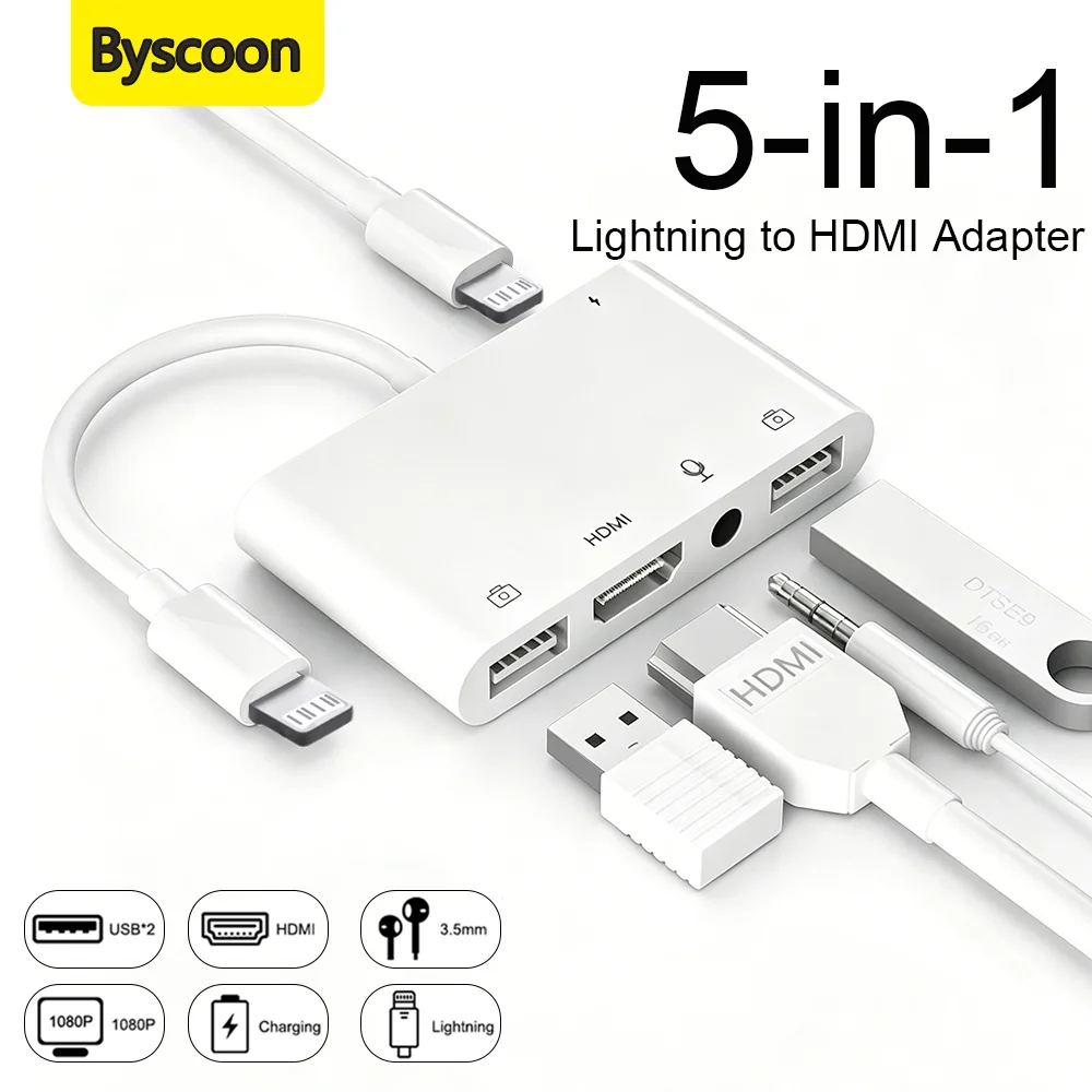 

Lightning to HDMI Adapter for iPhone to TV Dual USB OTG Adapter with Microphone Input for Live-Streaming Mouse Projector Monitor