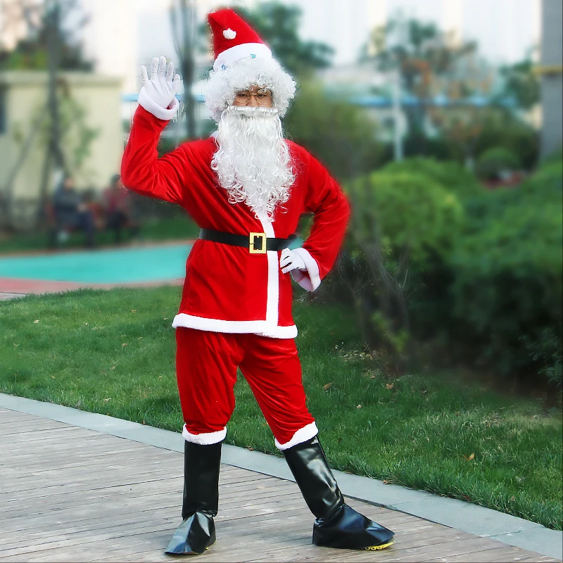 Costume de cosplay de père Noël pour hommes adultes, olympiques de paupières, manteau trempé rouge, pantalon, barbe, ceinture, chapeau, grande taille 6XL, fête de Noël