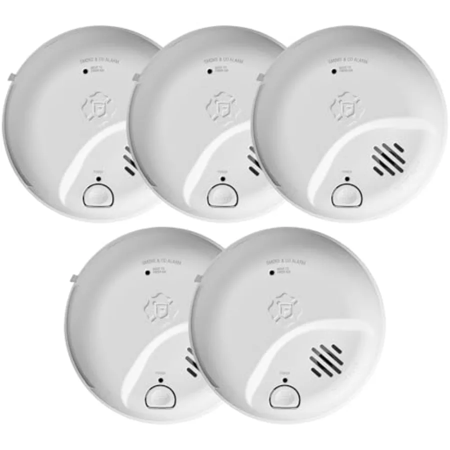 Hardwired smoke and CO alarm with battery backup for home safety, white plastic housing, interconnect capability, 5-pack