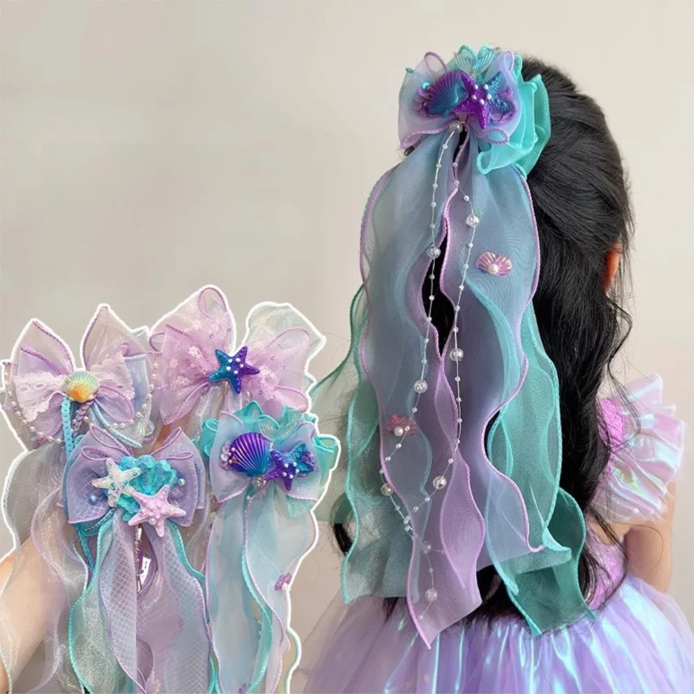 Pinzas para el cabello con cinta de sirena, horquillas con lazo de la serie Ocean para niños, tocado de cola de caballo trenzado de estrella de mar, accesorios para el cabello