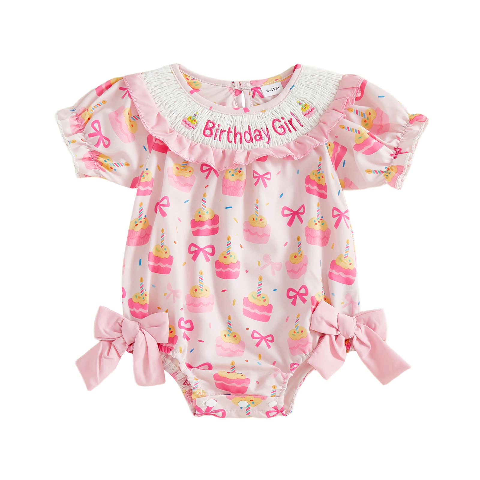 بدلة قفز لأعياد الميلاد للفتيات الصغيرات مطبوع عليها فيونكة كعكة وردية وأكمام قصيرة ورقبة دائرية مع فيونكة #1