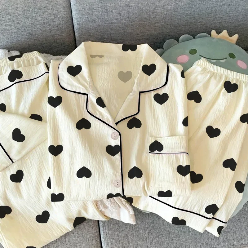 

Wrinkled fabric pajamas spring style sweet girly striped long-sleeved Korean style casual wearable home wear set