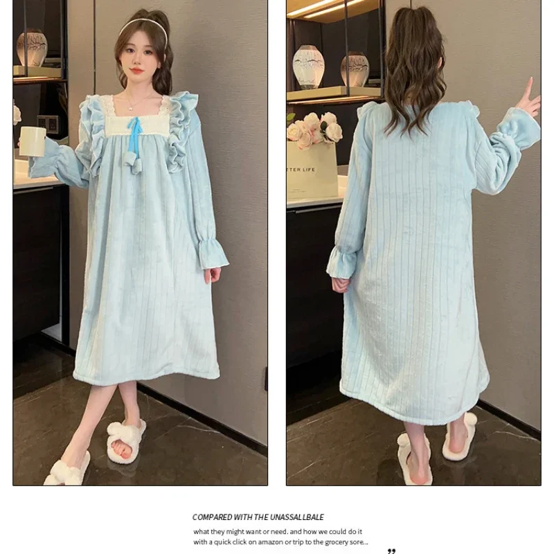 Winter Warm Sleepwear Princess Style Women\'s Flannel Nightgown Homewear Soft Coral Velvet Court Pajama Solid Loose Sleep Dress