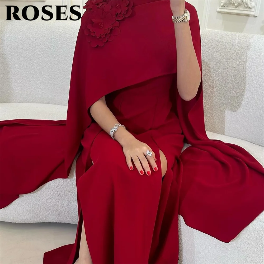 فستان حفلات الزفاف من ROSES باللون العنابي وأكمام عادية للحفلات الراقصة في المملكة العربية السعودية فستان مناسب بفتحة جانبية خاصة حسب الطلب