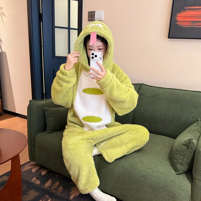 Women Cartoon Snake Kigurumi Onesie Pajamas Flannel Hooded Jumpsuit Winter Warm Animal Sleepwear Halloween Cosplay Home Costume