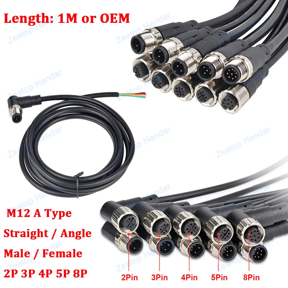 1Pcs M12 A Type Sensor Connector Straight Angle 2 3 4 5 8 Pin Cable Male Female Screw Threaded Plug IP67 Waterproof 1M Tail Wire