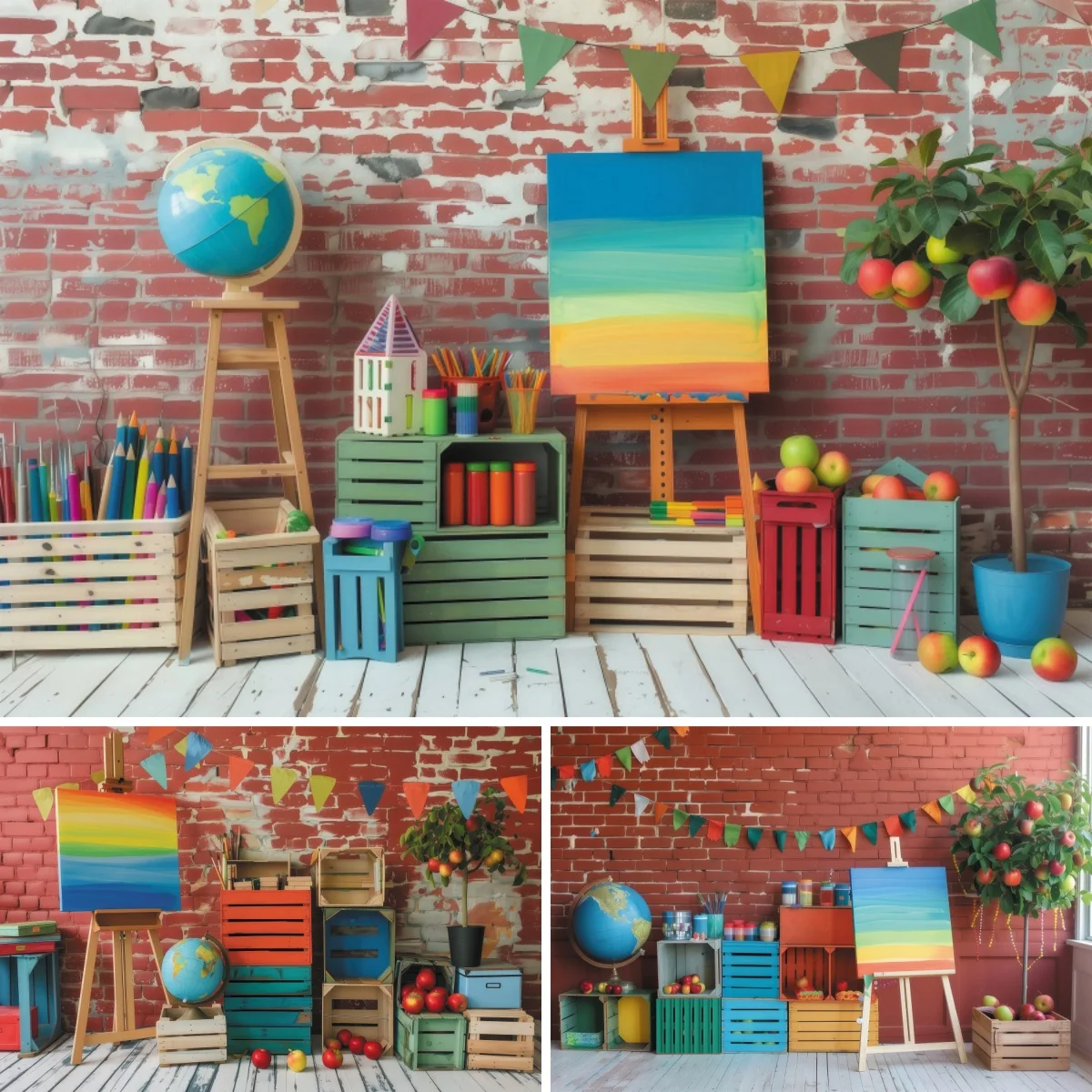 Back To School Background Banner Paintbrush Drawing Board Globe Apple Children Party Portrait Red Wall Decoration Photo Backdrop
