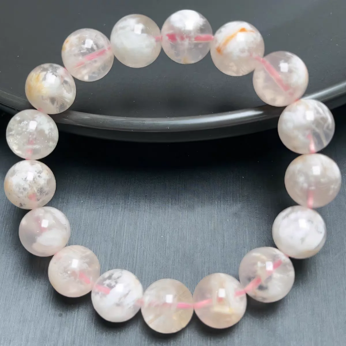 Natural White Sericite Orange Phantom Quartz Bracelet Snow Rutilated Clear Round Beads Bracelet Crystal 8mm 9mm AAAAA