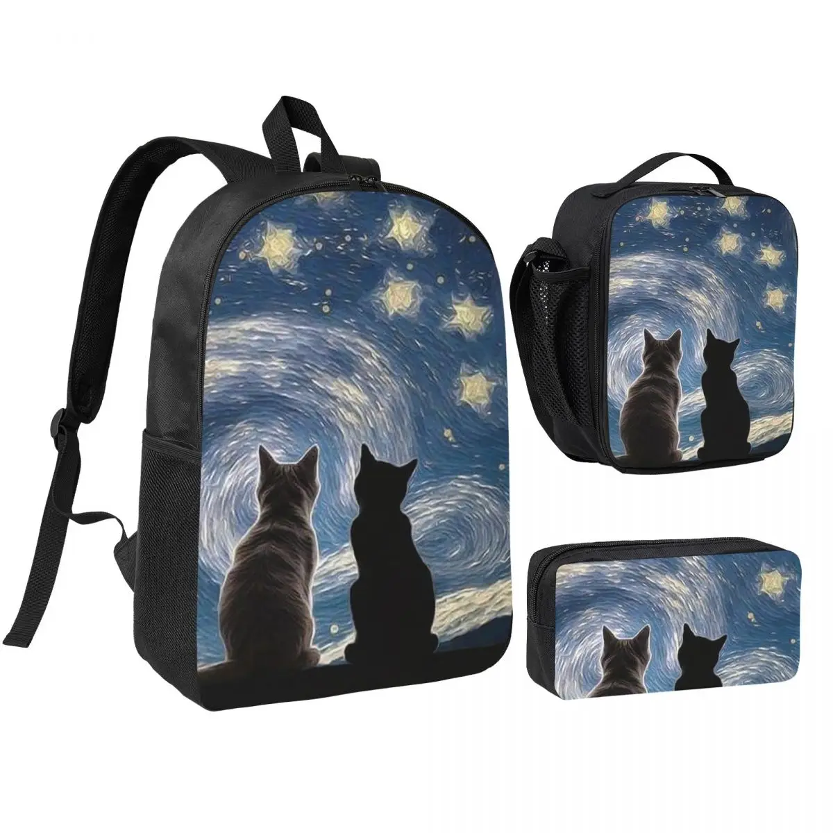 Starry Night Cats Artistic Backpack Student BookBag School Bag Shoulder Bags 3ps Insulated Lunch Bag Pencil Case