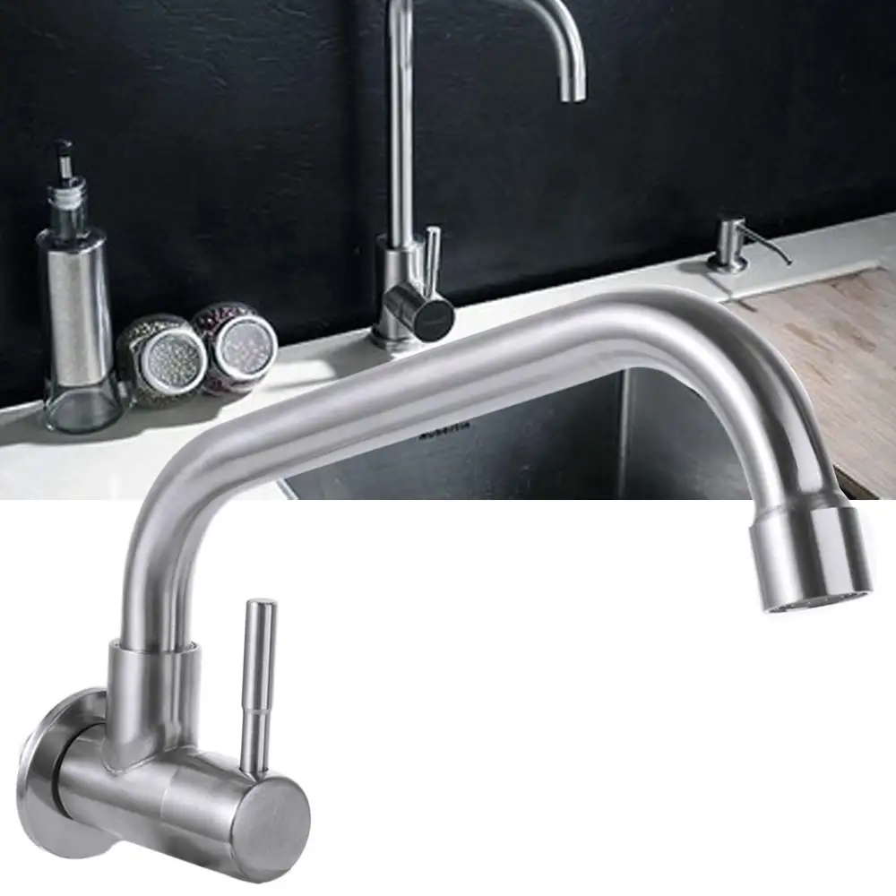 Wall Mounted Rotatable Kitchen Faucet Stainless Steel Splash-proof Sink Water Tap Curved Design Horizontal