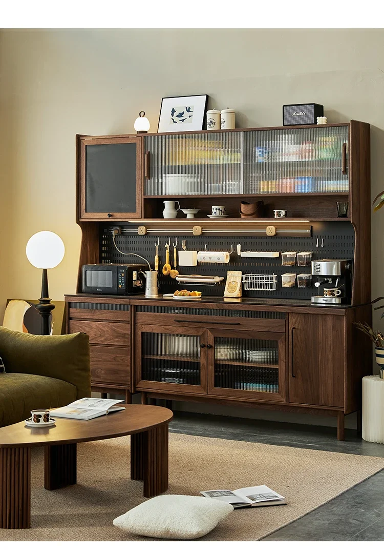 

Black walnut dining side cabinet integrated against the wall tea storage cabinet countertop slate